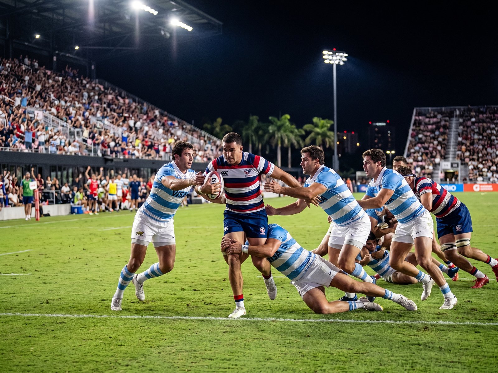 Argentina XV players in light blue and white jerseys facing USA Eagles — Fort Lauderdale rugby 2026