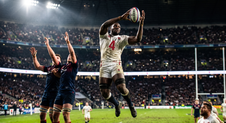 Maro Itoje lineout England rugby — Lions captain jumping to claim the ball