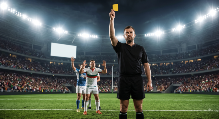 Rugby referee holding yellow card — are rugby referees ruining the game?