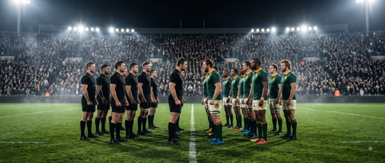 Rugby's Greatest Rivalry — All Blacks vs Springboks face off on a floodlit stadium pitch