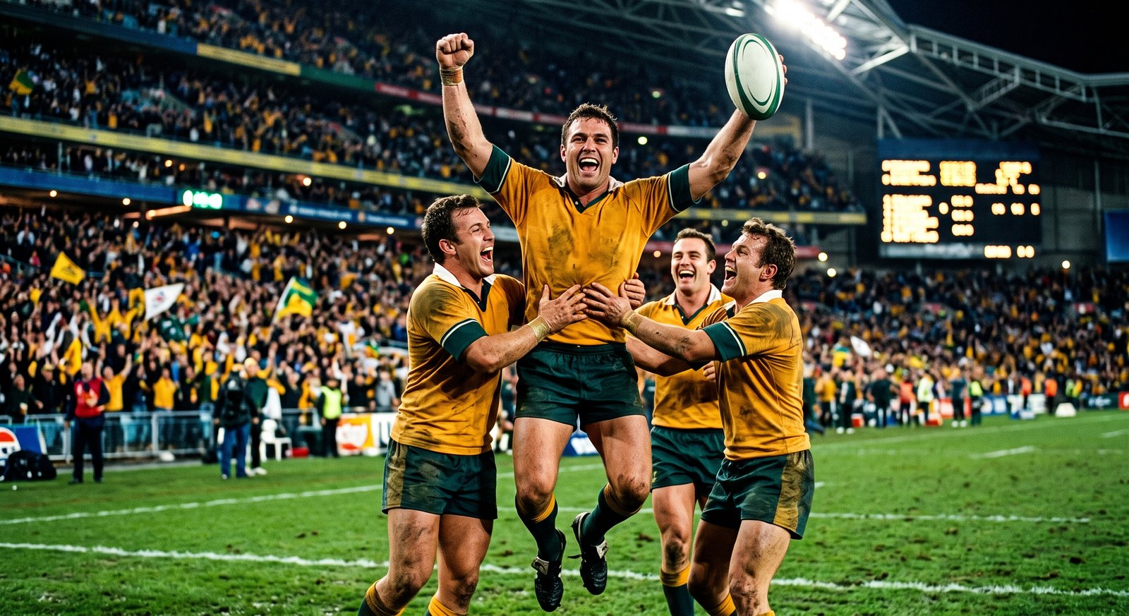 Wallabies players celebrating 56-17 win over Japan in Townsville — Australia rugby August 2026