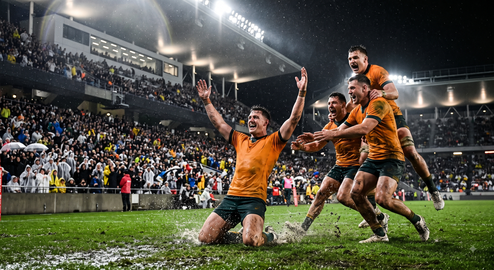 Wallabies players in gold jerseys celebrating in Japan — Australia vs Japan rugby 2026 before Argentina tour